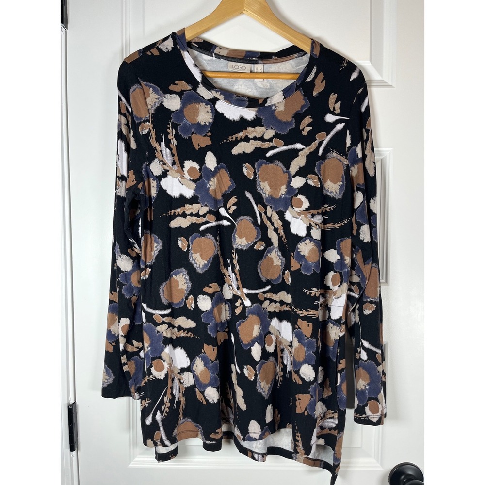 LOGO Lori Goldstein Womens Abstract Floral Long Sleeve Tunic Top Black Blue L